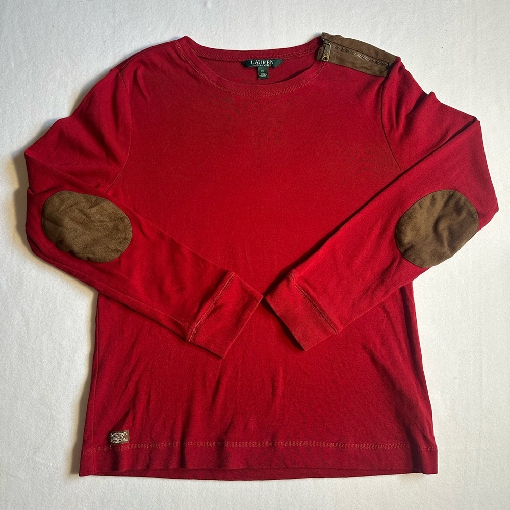 Lauren Ralph Lauren Red Long Sleeve Top w/ Suede Elbow Patches Women’s XL Preppy